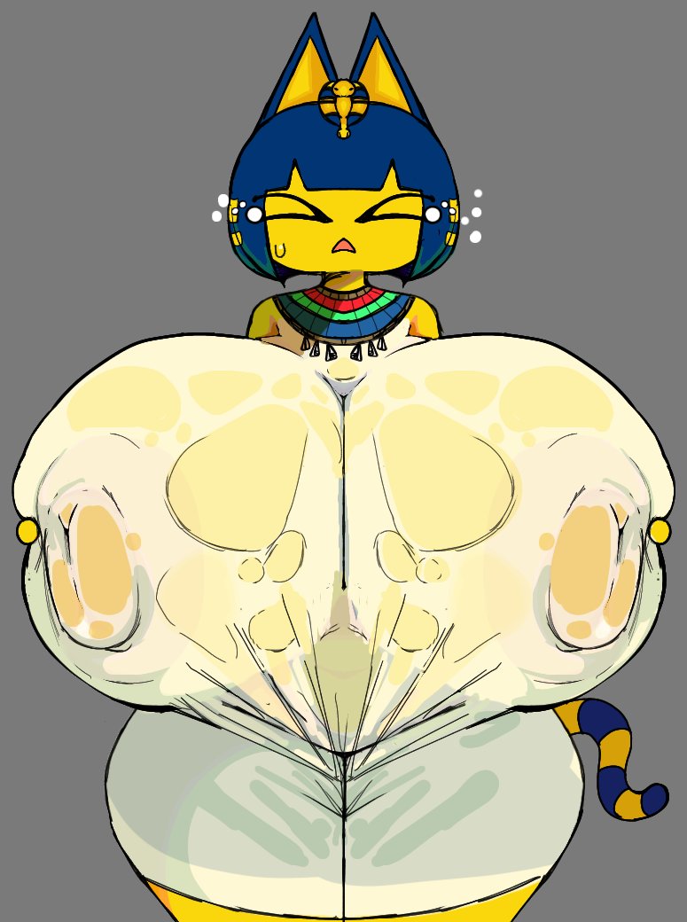 animal_crossing ankha ankha_(animal_crossing) anothercat anthro areola big_breasts big_nipples black_eyes blue_hair breasts domestic_cat felid feline felis female hair huge_breasts hyper hyper_breasts mammal markings navel nintendo nipple_piercing nipples nude orange_areola orange_nipples piercing pubes solo striped_markings striped_tail stripes tail tail_markings thick_thighs wide_hips yellow_body