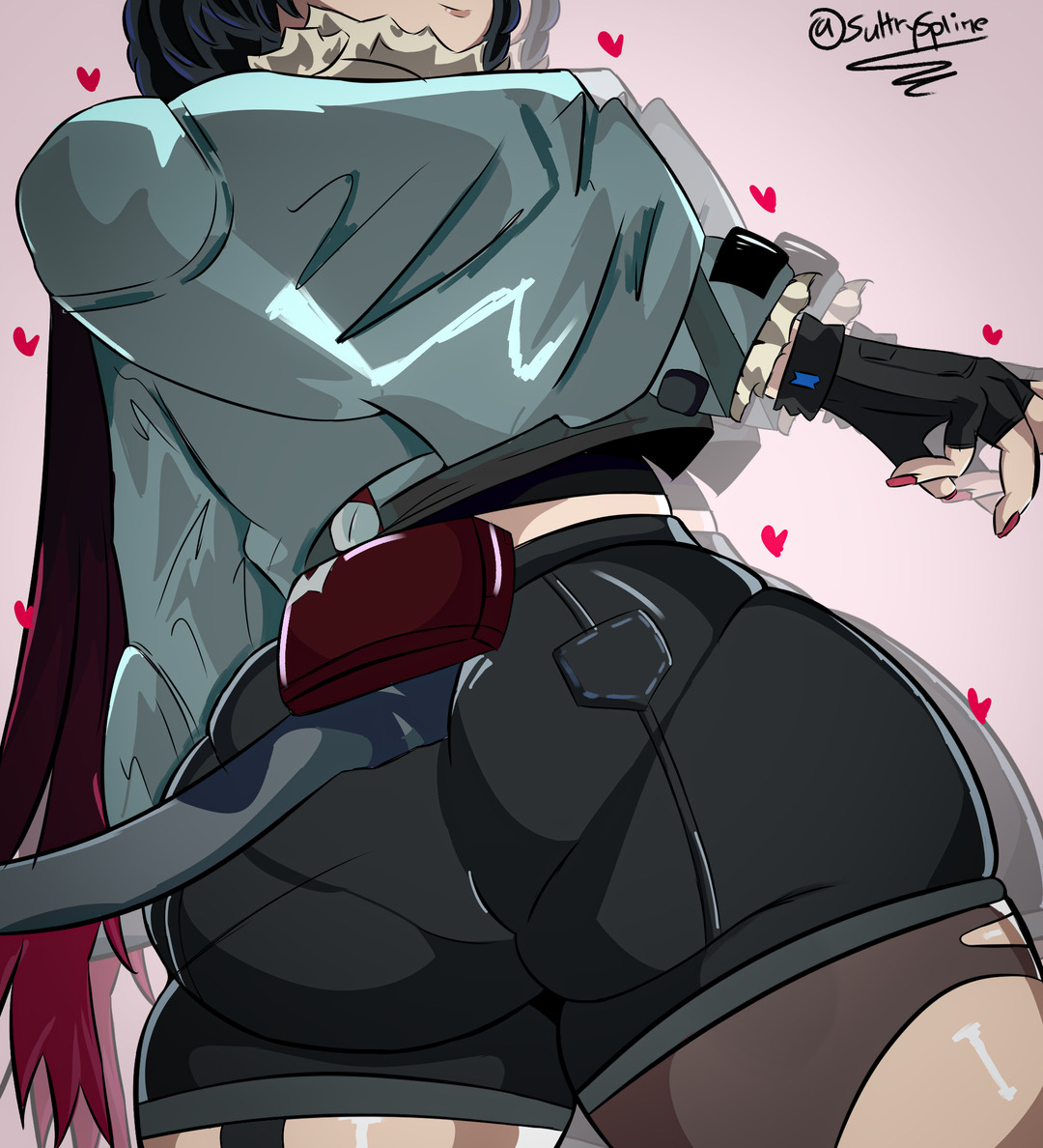1girls, 2d, 2d (artwork), ass, ass bigger than head, ass focus, big ass, big butt, curvy, curvy female, curvy figure, female, female only, jane doe (zenless zone zero), looking at viewer, looking back, mouse girl, mouse tail, pantyhose, plain background, ripped clothing, solo, sultryspline, tail, thick ass, thick legs, thick thighs, tight clothing, watermark, zenless zone zero