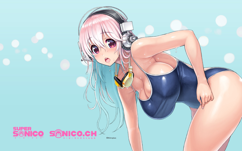 aqua hair, bent over, blue one-piece swimsuit, blush, breasts, competition swimsuit, female, female focus, hanging breasts, headphones, highres, large breasts, leaning forward, long hair, looking at viewer, multicolored hair, nitroplus, official art, official wallpaper, one-piece swimsuit, open mouth, pink eyes, pink hair, solo, super sonico, swimsuit, tsuji santa, two-tone hair