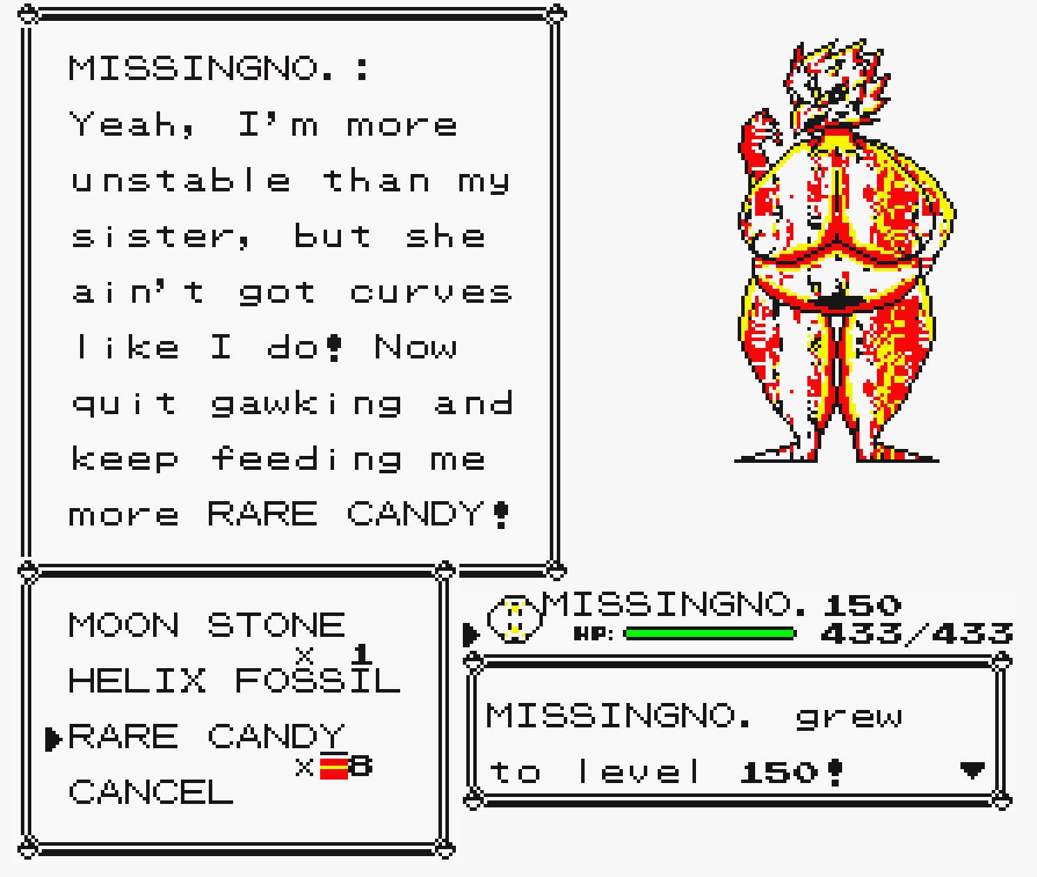 anthro avian belly belly_overhang big_belly big_breasts big_navel breasts candy demanding dessert digital_creature digital_media_(artwork) feeding female food gameplay_mechanics generation_1_pokemon glitch glitch_creature glitch_pokemon hair hi_res inventory level_up missingno. mr.bootylover narrowed_eyes nintendo nipples obese obese_female overweight overweight_female pixel_(artwork) pokemon pokemon_(species) rare_candy smile smug solo spiky_hair thick_thighs