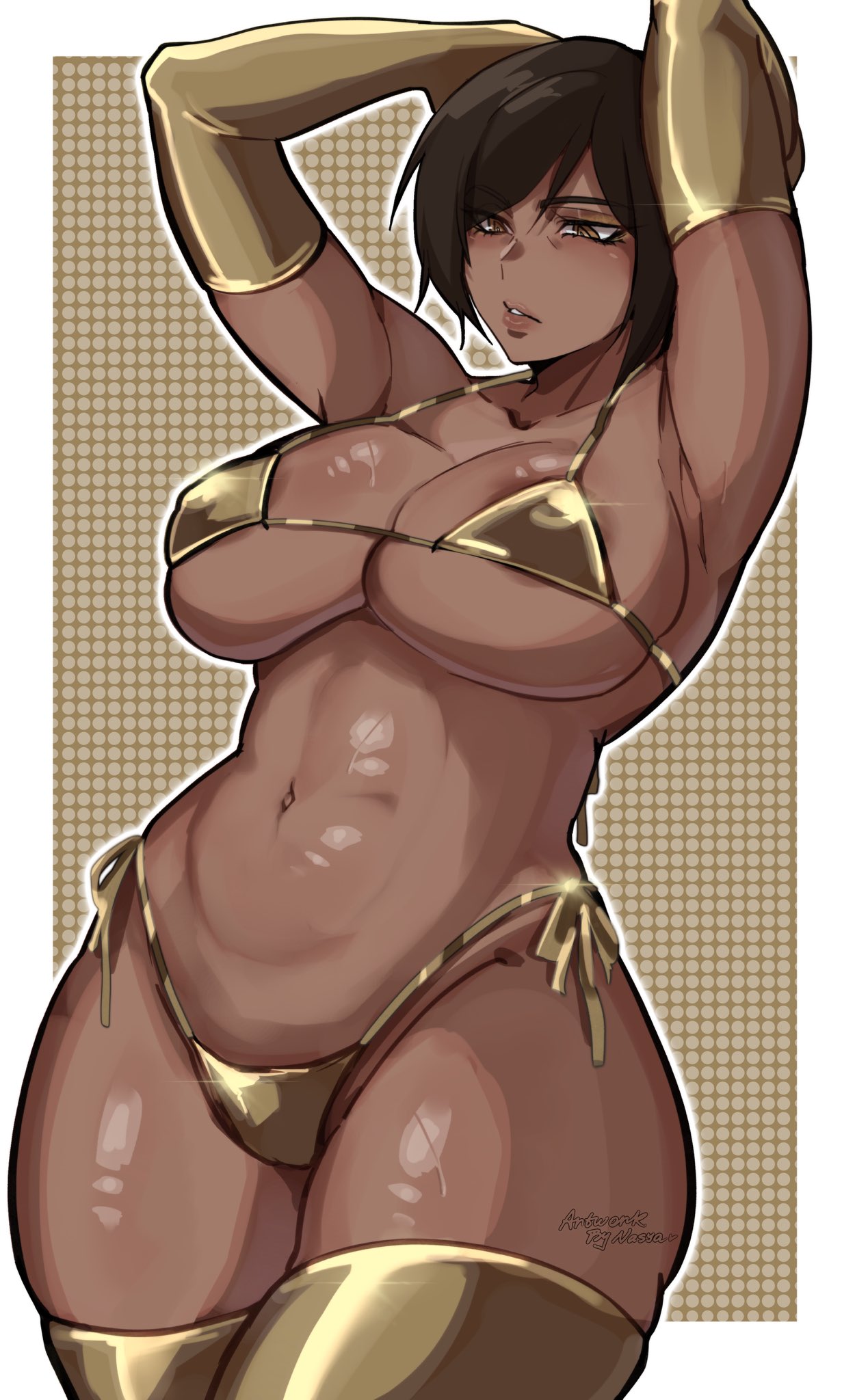 1girls 2025 arms_above_head big_breasts bikini brown_eyes dark-skinned_female dark_skin golden_bikini golden_week hag hi_res high_resolution highres large_breasts limbus_company mature mature_female nasya__ns outis_(limbus_company) project_moon short_hair solo solo_female solo_focus thighs