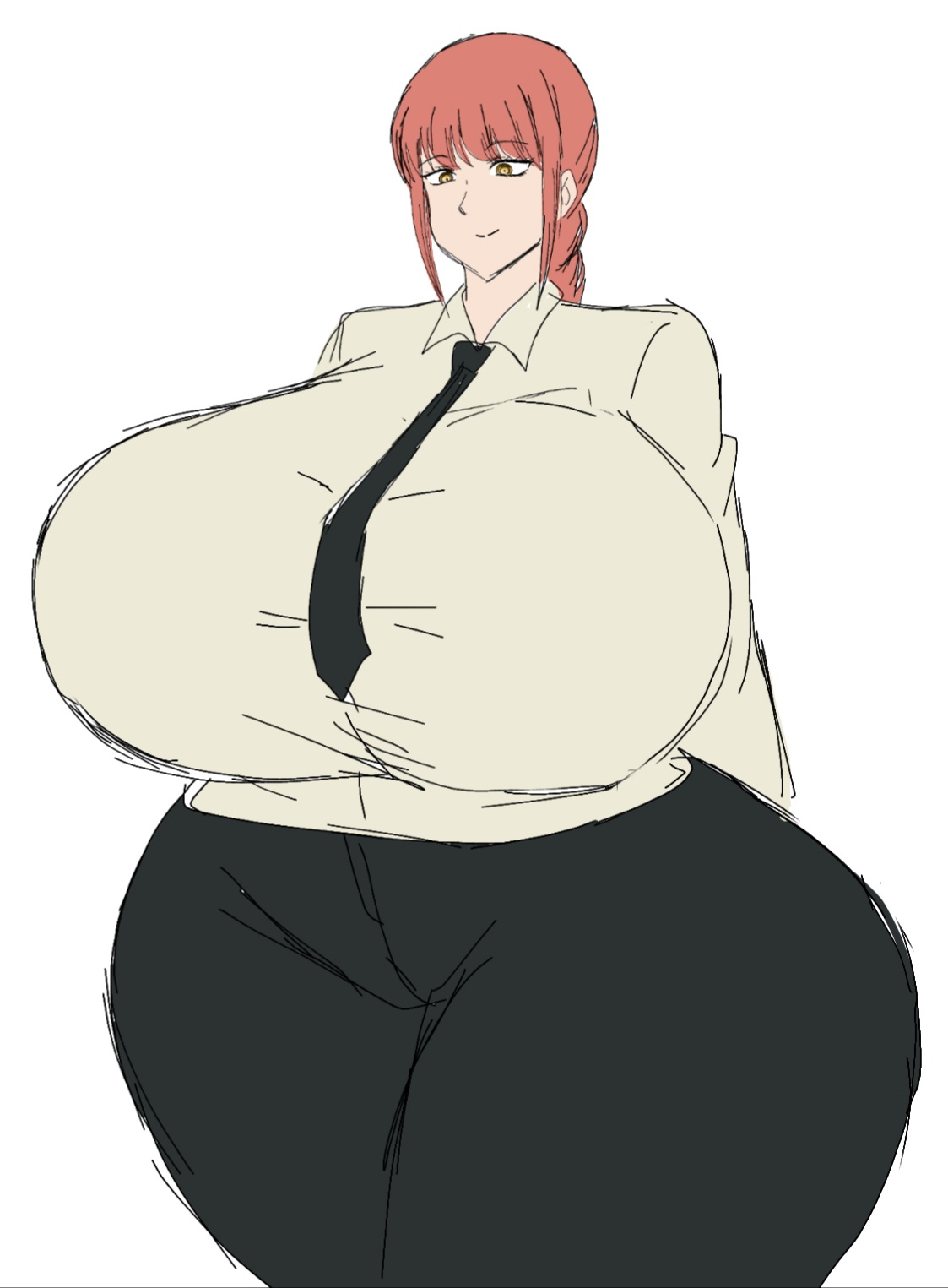 2d, 2d (artwork), big breasts, black pants, black tie, breasts, breasts bigger than head, chainsaw man, clothed female, control devil, devil, devil girl, digital drawing (artwork), digital media (artwork), female, hips, hips wider than shoulders, large breasts, makima (chainsaw man), momiji (artist), red hair, smile, smiley face, smiling, stretched clothing, stretched shirt, suit, suit and tie, thick thighs, thighs, thighs bigger than head, white background, wide hips, yellow eyes