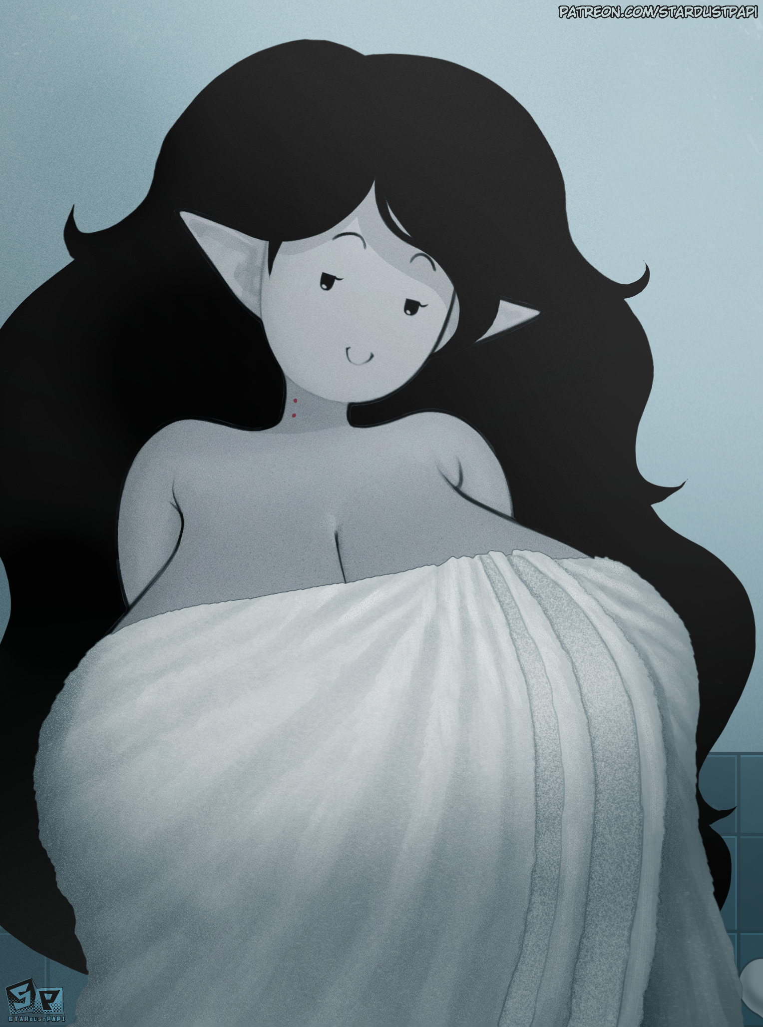 1girls, adventure time, big breasts, black hair, breasts, cartoon network, cleavage, female, female focus, female only, huge breasts, ignantastro, large breasts, large tits, marceline, massive breasts, massive tits, solo, solo female, solo focus, stardustpapi, tagme, towel, vampire, vampire girl