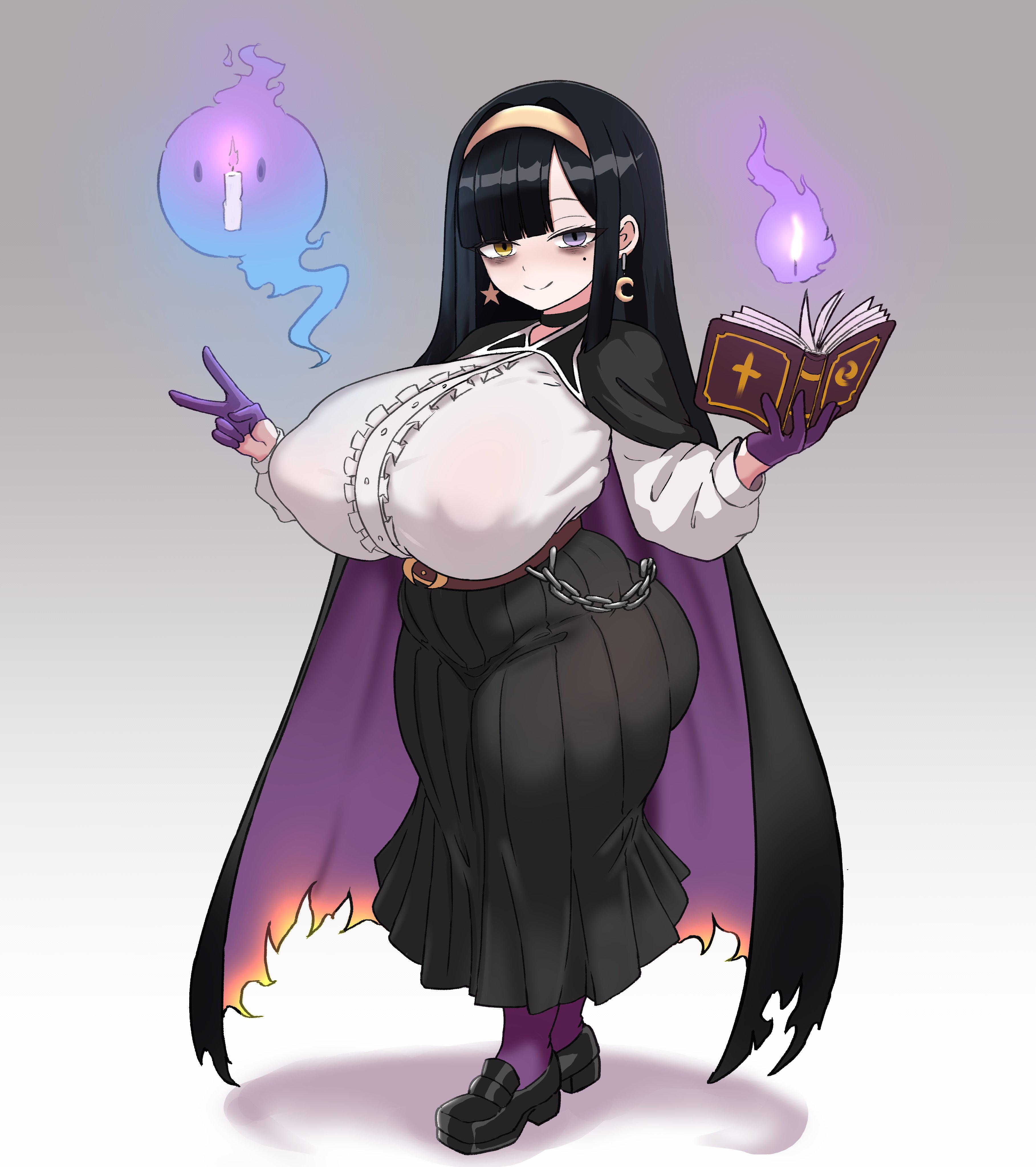 bags under eyes, black hair, breasts, breasts bigger than head, chain, clothed, clothing, corinna21210534, earrings, erika (corinna21210534), female, ghost, heterochromia, huge breasts, magic, nipples visible through clothing, shortstack, smile, sorceress, tagme, tired eyes