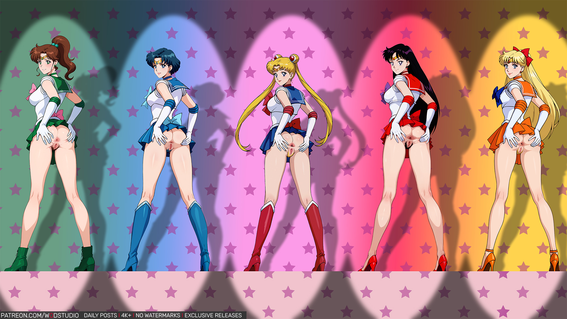 16:9 aspect ratio, 5girls, ai generated, ami mizuno, anus, ass, ass grab, back bow, bare legs, bishoujo senshi sailor moon, black hair, blonde hair, blue choker, blue eyes, blue footwear, blue hair, blue sailor collar, blue skirt, boots, bottomless, bow, breasts, brown hair, choker, clothes lift, clothing, crown, double bun, earrings, elbow gloves, female, footwear, gloves, grabbing own ass, green choker, green eyes, green footwear, green sailor collar, green skirt, groping, hair bobbles, hair bun, hair ornament, hairbow, headwear, high heel boots, high heels, high resolution, jewelry, knee boots, kneepits, legs, lineup, long hair, looking at viewer, looking back, magical girl, makoto kino, minako aino, miniskirt, multiple females, multiple girls, no panties, nopan, orange choker, orange sailor collar, orange skirt, pantsu, pink bow, ponytail, presenting, pussy, red bow, red footwear, red sailor collar, red skirt, rei hino, sailor collar, sailor jupiter, sailor mars, sailor mercury, sailor moon, sailor senshi, sailor senshi uniform, sailor venus, shoes, short hair, skirt, skirt lift, spread anus, standing, tiara, tied hair, twintails, underwear, upskirt, usagi tsukino, vagina, white gloves, wodstudio