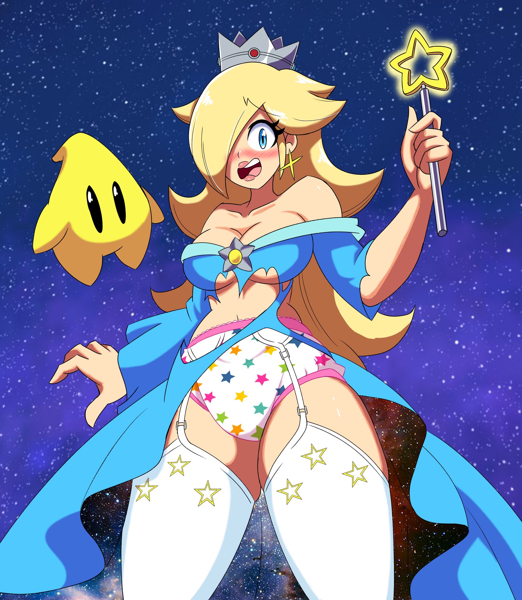 colored edge panties, embarrassed, female, garter belt, imsomethingradical, luma, magic wand, mario (series), nintendo, panties, princess rosalina, print panties, star panties, star pattern, star wand, thighhighs, torn clothes, wardrobe malfunction, white panties
