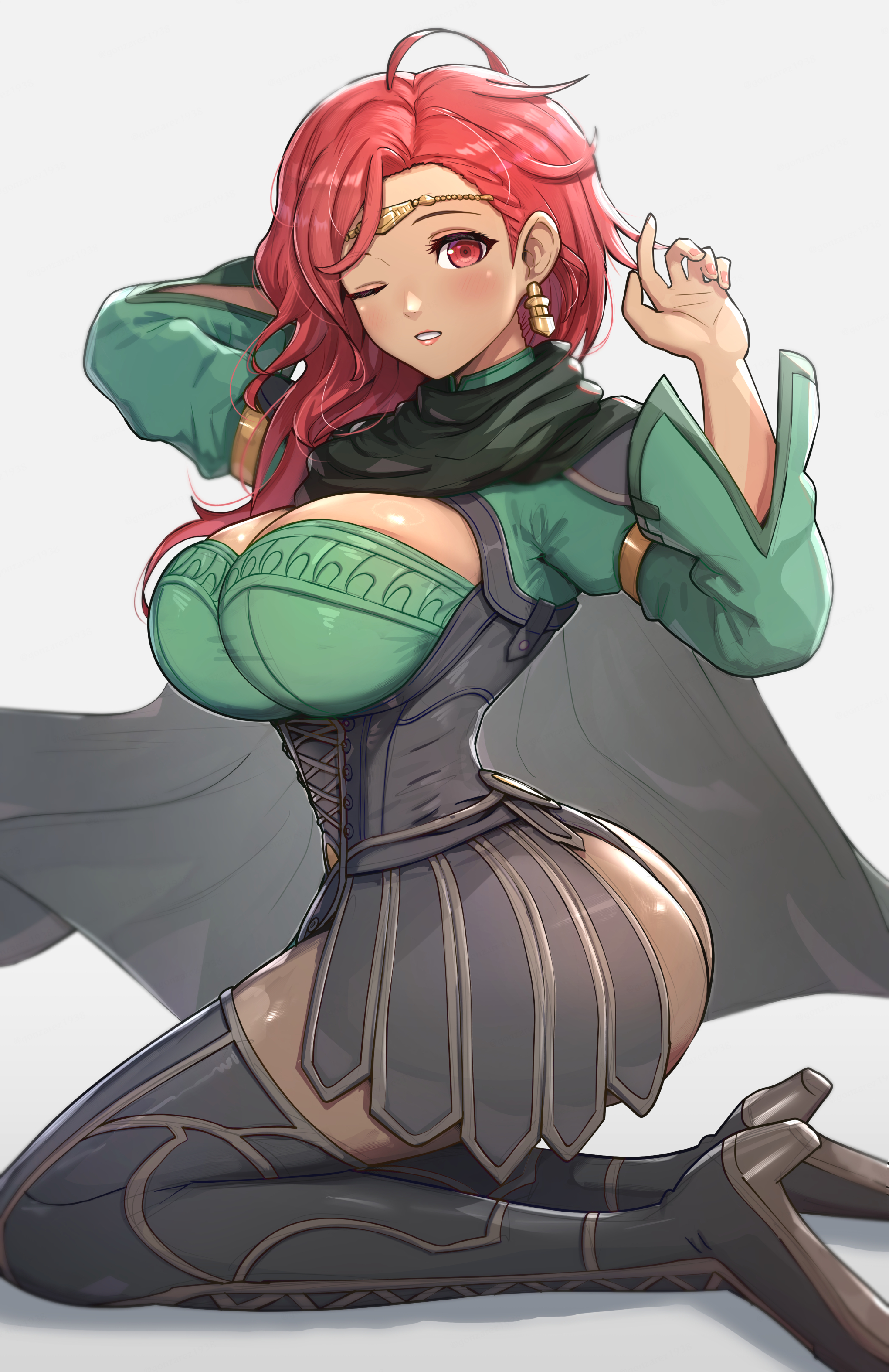 1girls, ahoge, ass, big ass, black panties, boots, breasts, cleavage, dark skin, dark-skinned female, diadem, earrings, female, female only, fire emblem, fire emblem: three houses, gonzarez, hair over shoulder, hapi (fire emblem), highres, jewelry, kneeling, large breasts, long hair, long sleeves, looking at viewer, medium hair, nintendo, one eye closed, panties, pantyhose, red eyes, red hair, simple background, solo, thigh boots, thighhighs, white background