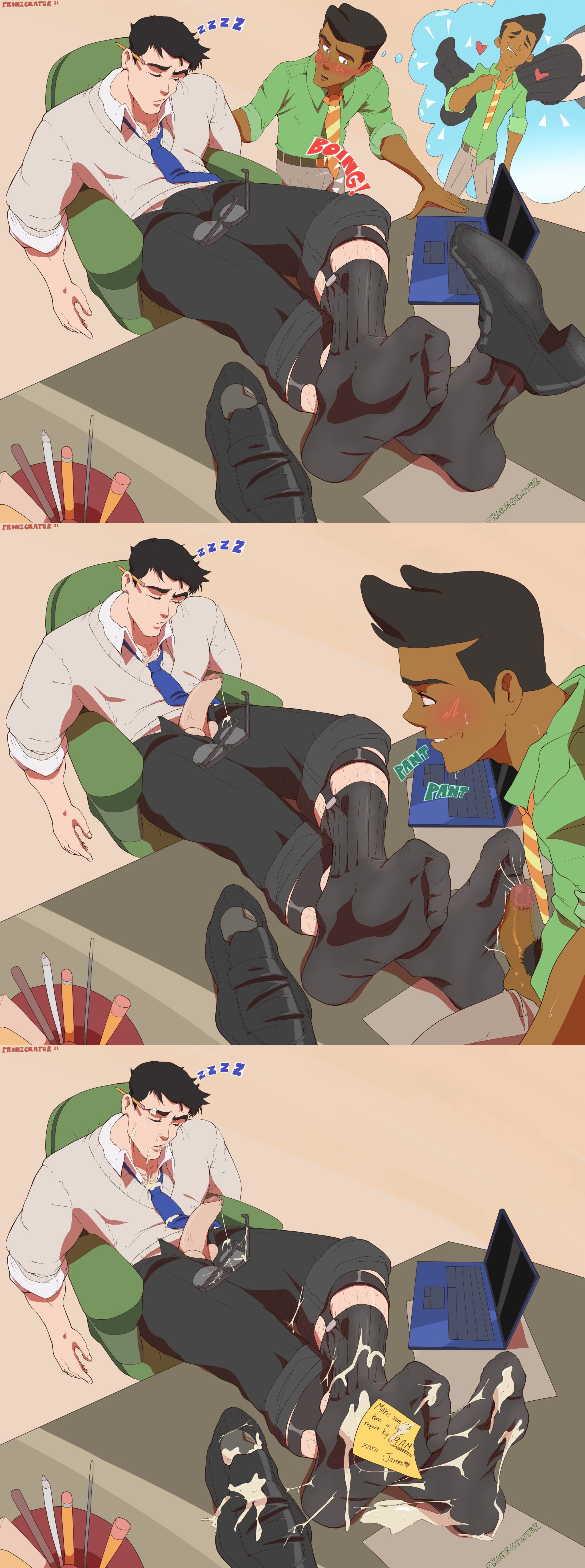 2boys, aroused, aroused face, black hair, blush, boner, chair, clark kent (my adventures with superman), cum, cum in shoes, cum on face, cum on feet, cum on glasses, cum on shoes, cum on socks, dark skin, dark-skinned male, dc, dc comics, feet on desk, foot fetish, fully clothed, garter belt socks, gay, glasses, heart, jimmy olsen, jimmy olsen (my adventures with superman), laptop, male, male foot fetish, male only, masculine, my adventures with superman, nonconsensual, pencil, pronzcrater, sleeping, socks, sticky note, superman (series), sweat, thought bubble