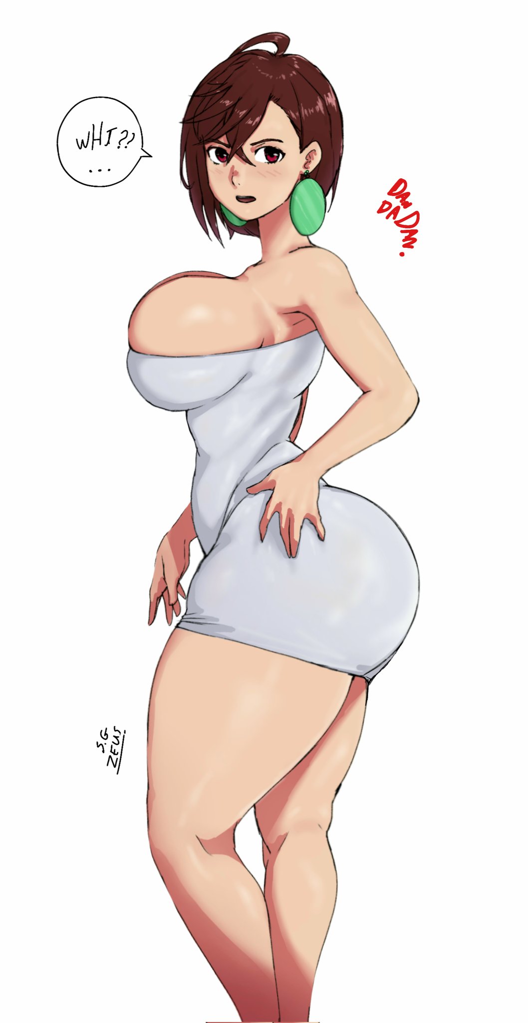 1girls, almost naked, ass, ayase momo, big ass, big breasts, breasts, brown hair, brown-haired female, dandadan, earrings, female, hips, red eyes, rusbe rusbe, side view, text, watermark