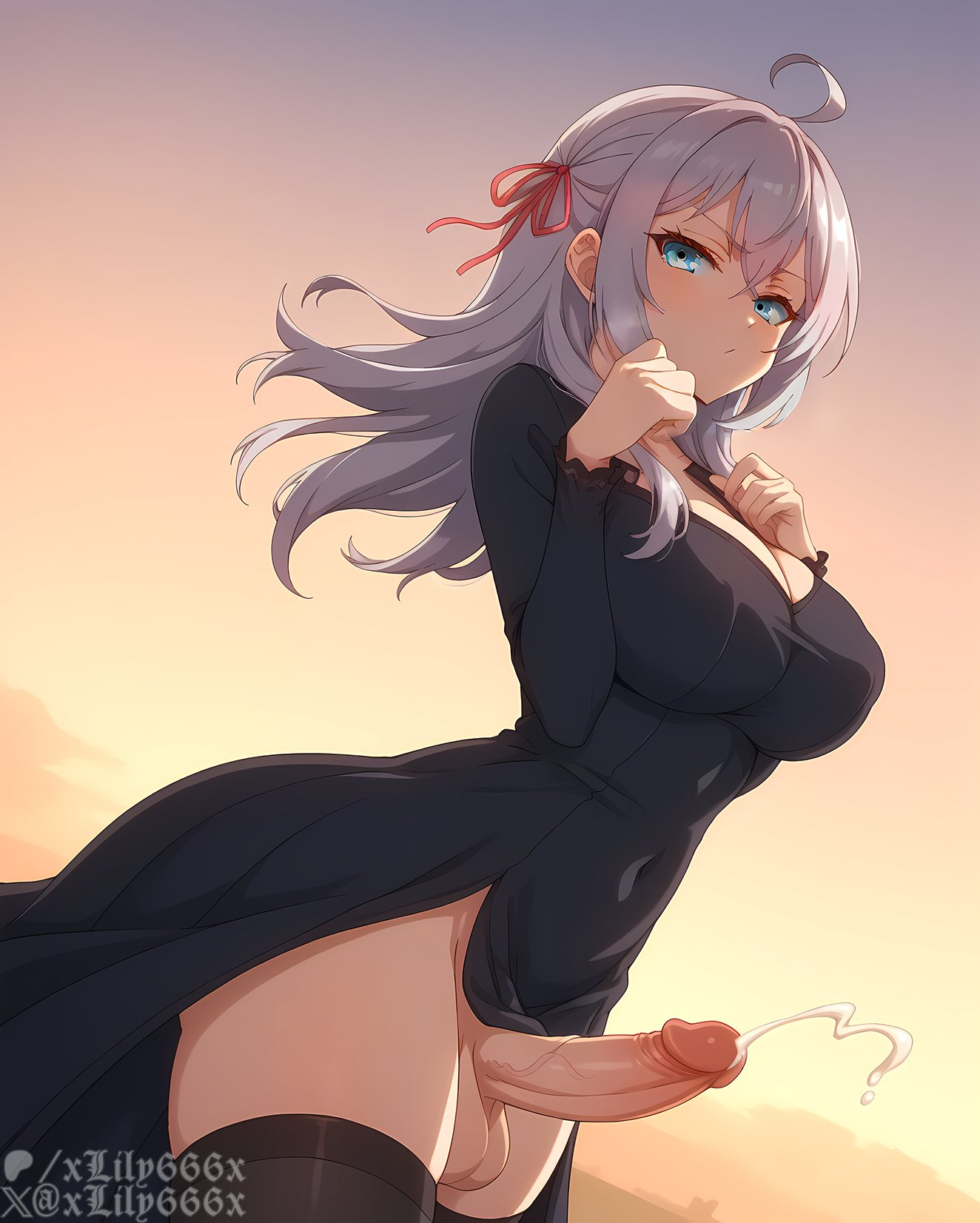 1futa, 2d, 4k, ahoge, ai generated, balls, bangs, black dress, black legwear, black thighhighs, blue eyes, blush, breasts, cleavage, closed mouth, clothing, covered navel, covered nipples, crossed bangs, cum, dress, ejaculation, erection, futa only, futanari, genital fluids, grey hair, hair between eyes, hair ornament, hair ribbon, hands up, handsfree ejaculation, intersex, large breasts, large penis, legwear, long hair, long sleeves, looking at viewer, penis, red ribbon, ribbon, semen, silver hair, solo, standing, sunset, testicles, thighhighs, thighs, tokidoki bosotto russian de dereru tonari no alya-san, uncensored, veins, veiny penis, white hair, xlily666x