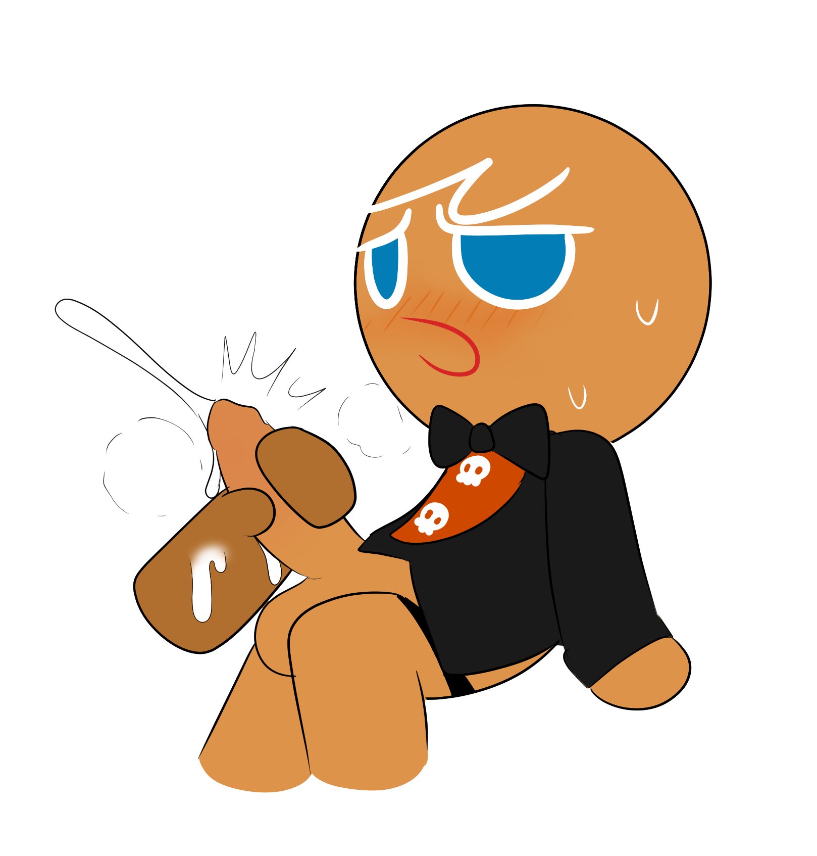2025, 2boys, anthro, balls, ballsack, blue eyes, blush, blush lines, bottomless, bow, bowtie, cock, cookie, cookie run, cookie run kingdom, cookie run ovenbreak, cookie run: tower of adventures, cum, cumming, duo, duo male, floppy cock, gingerbrave, handjob, humanoid genitalia, humanoid penis, kuwoesque, male, male only, male/male, no humans, non-human, non-human only, penis, semen, sweat, sweating, sweaty, tagme, tuxedo, white hair