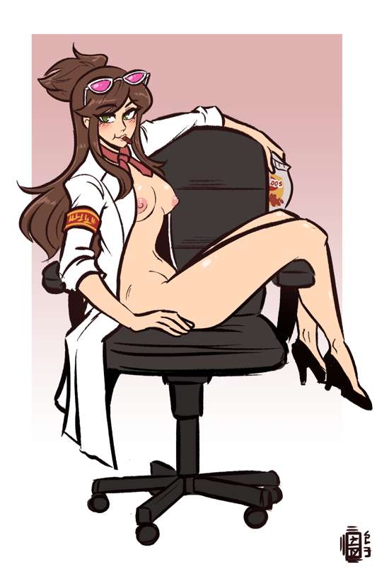 1girls, breasts, brown hair, ema skye, female, gyakuten saiban, heels, high heels, labcoat, medium breasts, partially clothed, scruffyturtles