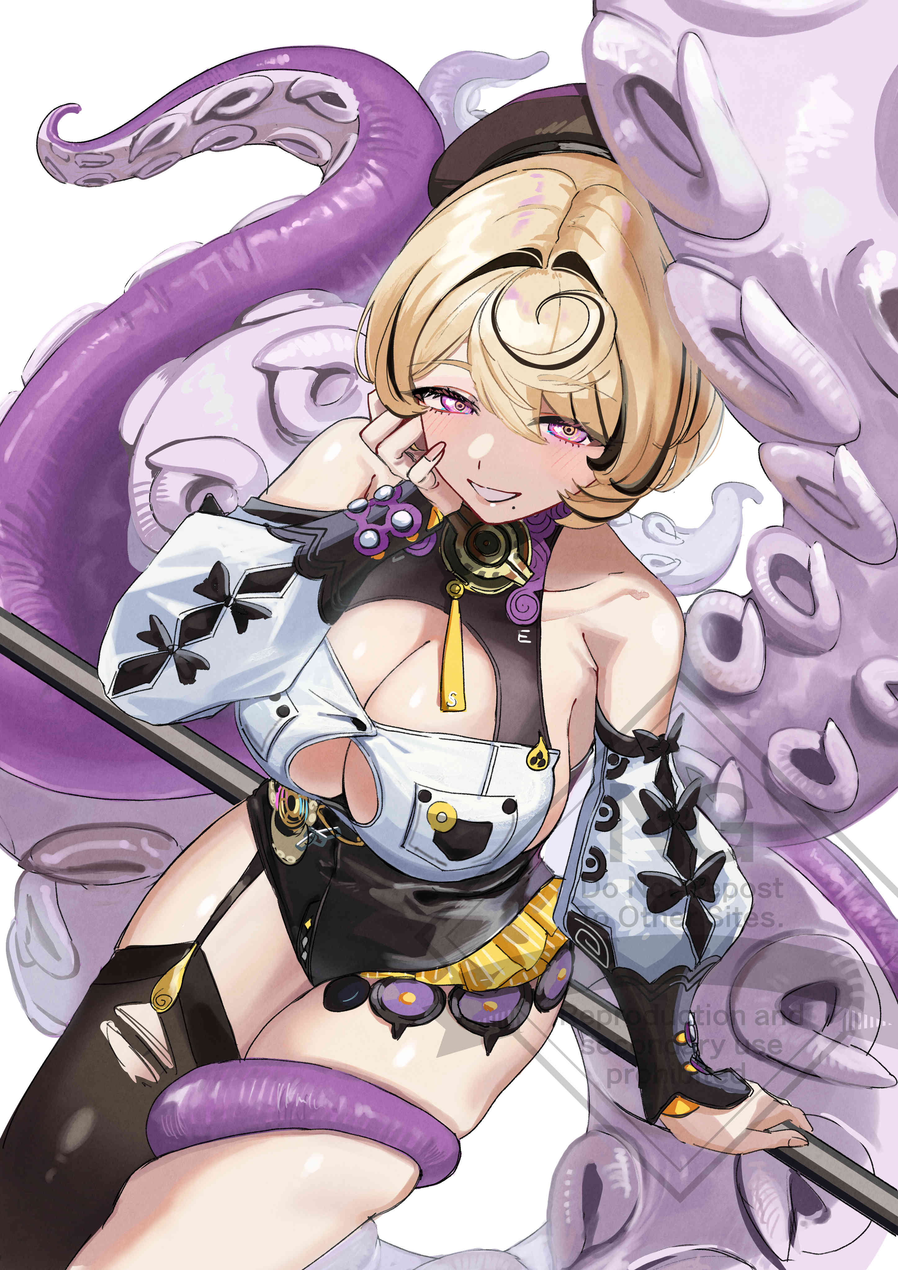 1girls, absurdres, accessories, asymmetrical shorts, bare shoulders, black bow, blonde hair, blush, bow, breasts, cleavage, cleavage cutout, clothing cutout, detached sleeves, dondobi, female, female only, from above, grabbing own thigh, hair between eyes, hand on own face, hat, high-waist shorts, highres, large breasts, looking at viewer, mole, mole under mouth, monster girl, octopus, purple eyes, purple nails, scylla, shirt, short hair, shorts, single thighhigh, sitting, sitting on bar, smile, solo, teeth, tentacle, tentacle girl, tentacle tail, thighhighs, torn clothes, torn thighhighs, white background, white shirt, yellow pupils, yidhari murphy, zenless zone zero