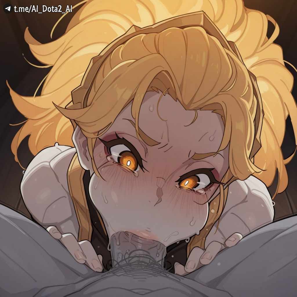 1boy, ai dota ai, ai generated, artist name, blonde hair, blowjob, blush, deepthroat, dota 2, fellatio, female, gag, gagging, long hair, looking at viewer, male, male pubic hair, mouthful, oral, orange eyes, penis, ponytail, pov, pubic hair, solo focus, straight, tearing up, tears, uncensored, valora the dawnbreaker