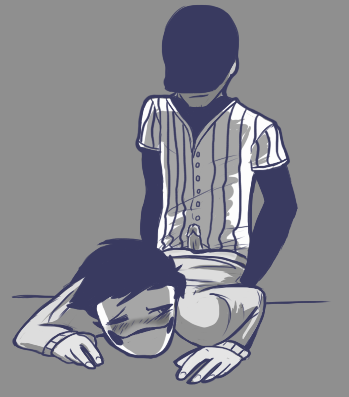 2boys baseball_uniform before_sex bent_over black_hair blush digital_media_(artwork) erection from_behind gay human male male/male male_only mask monochrome off_(game) on_stomach penis penis_out short_hair the_batter zacharie