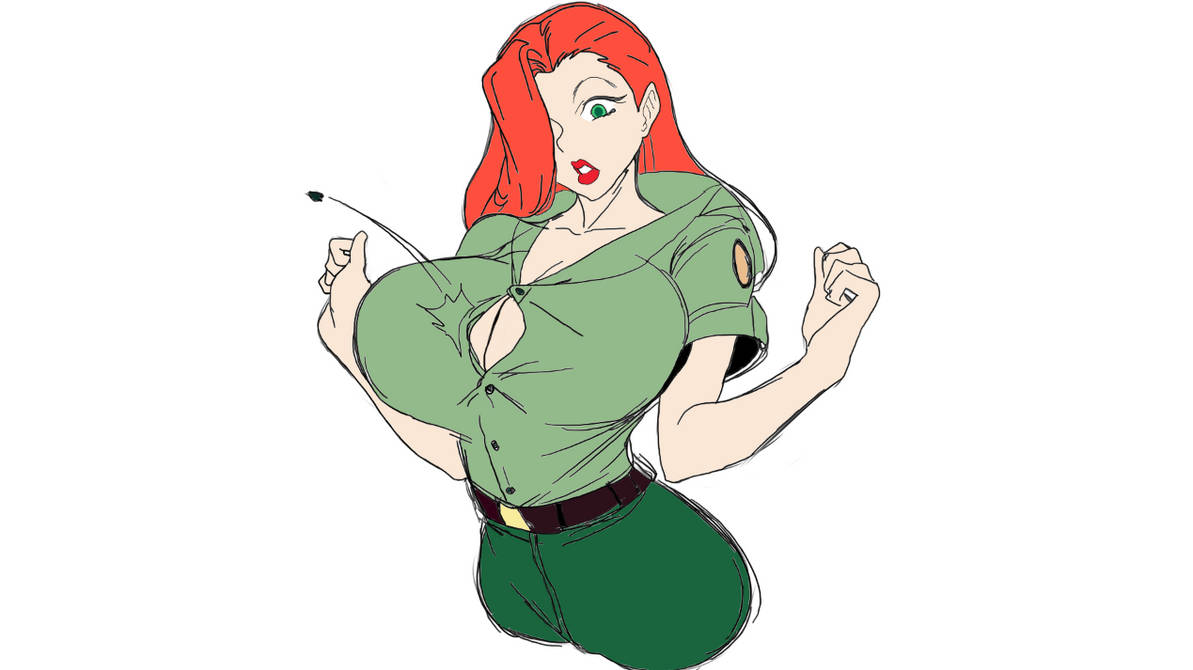 barely contained breasts, barely fits, breasts, button, button down shirt, button gap, button pop, buttoned shirt, buttons, female, inconvenient breasts, jessica rabbit, jessica rabbit (ranger), looking at own breasts, looking down, looking down at self, pinedupjay, ranger, red eyes, red hair, redhead female, squeezing breast, wardrobe malfunction, who framed roger rabbit