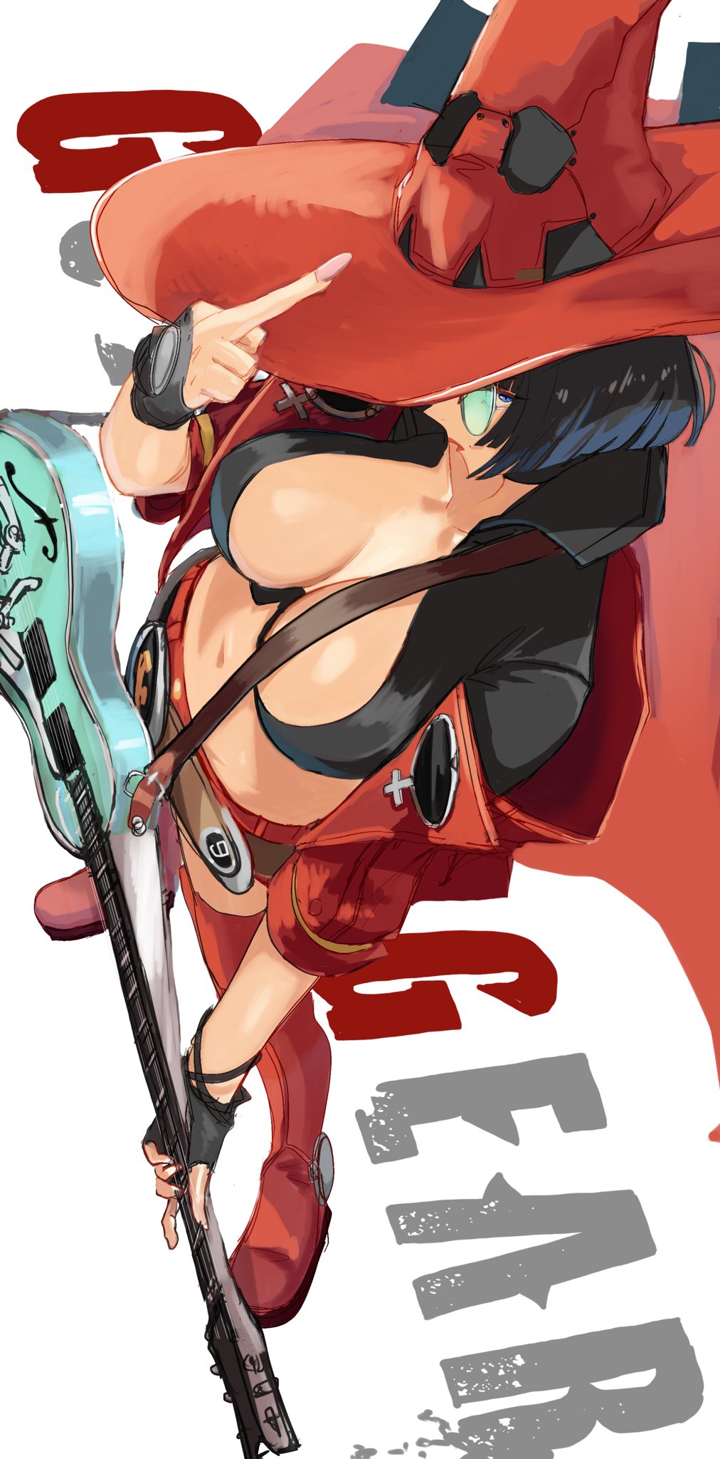 1girls, black hair, boots, breasts, cleavage, collarbone, collared shirt, dondobi, electric guitar, female, female only, fingerless gloves, from above, glasses, gloves, green-tinted eyewear, guilty gear, guilty gear strive, guitar, hat, highres, i-no, instrument, large breasts, looking over eyewear, looking over glasses, middle finger, mole, mole above mouth, red boots, red hat, shirt, short hair, solo, sunglasses, thigh boots, thighhighs, tinted eyewear, witch hat