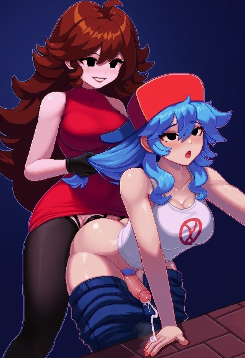 2girls ai_generated black_gloves blue_hair blue_pants blue_pubic_hair boyfriend_(friday_night_funkin) female female_boyfriend_(friday_night_funkin) femdom friday_night_funkin futanari genderswap genderswap_(mtf) girlfriend_(friday_night_funkin) grabbing_another's_hair open_mouth pants pants_pulled_down pegging pixel_art red_dress short_sleeves smile teeth white_tank_top yuri