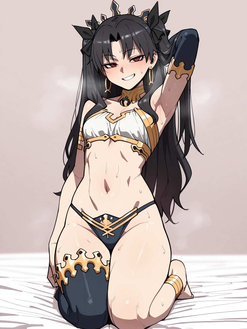 1girls, ai generated, arm behind head, armlet, armpit, armpit fetish, armpits, arms up, armwear, astralgazer, asymmetrical gloves, asymmetrical legwear, barefoot, belly button, black hair, bra, breasts, fate (series), fate/grand order, female, female focus, gold jewelry, gold trim, ishtar (fate), kneeling, long hair, looking at viewer, midriff, mismatched legwear, necklace, panties, seductive, seductive smile, single thighhigh, sleeveless, sleeveless shirt, small breasts, steaming body, strapless, strapless bra, sweat, sweatdrop, thighhighs, thighs, thong, tiara, tummy, white bra