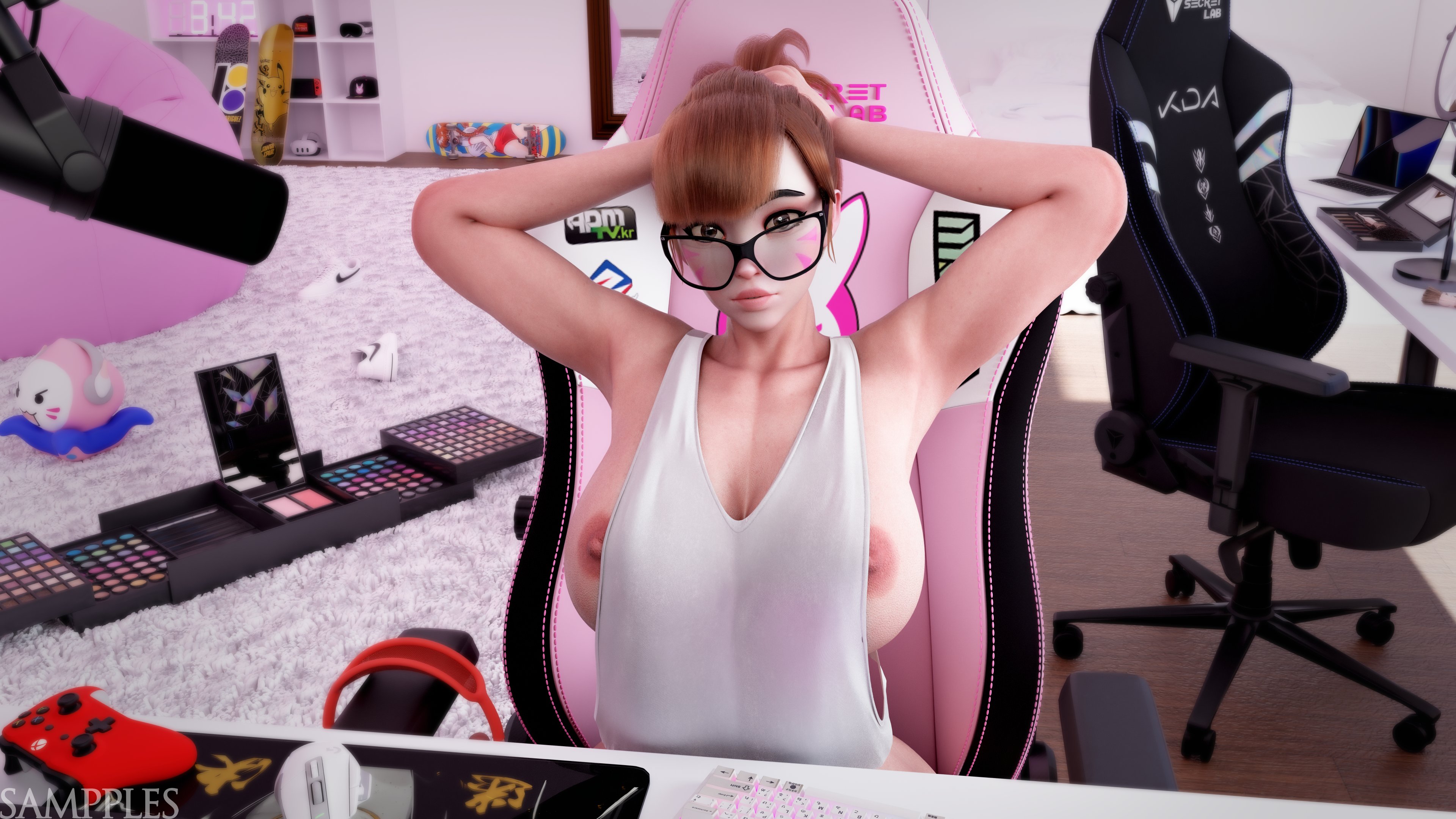 1girls, 3d, 3d (artwork), big breasts, blizzard entertainment, breasts, cleavage, d.va, female, female focus, female only, huge breasts, large breasts, overwatch, sampples