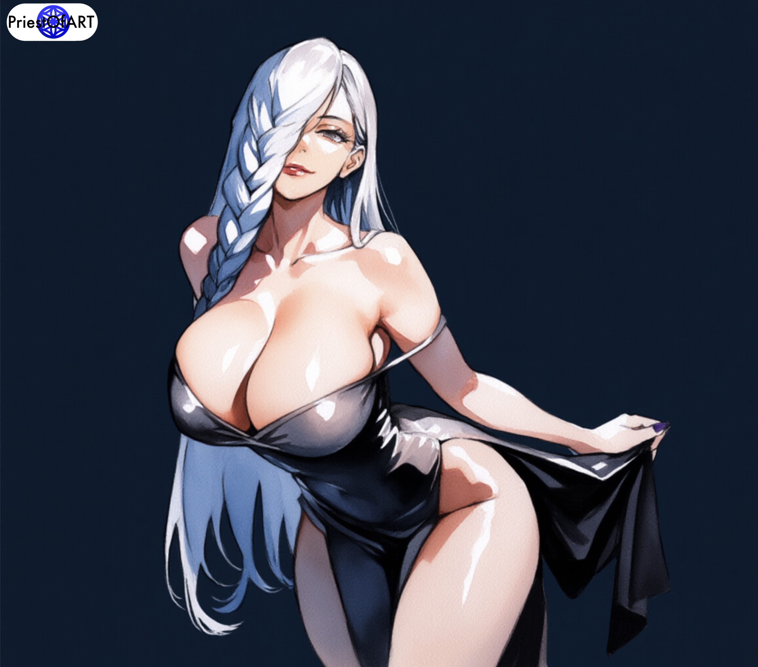 1girls, ai generated, braid, breasts, busty, color, curvy, curvy female, dress, female, female only, huge breasts, jujutsu kaisen, leaning forward, long hair, mei mei (jujutsu kaisen), priestofart, silver hair, solo, solo female, tagme, tagme (artist), thick thighs, watercolor, watermark