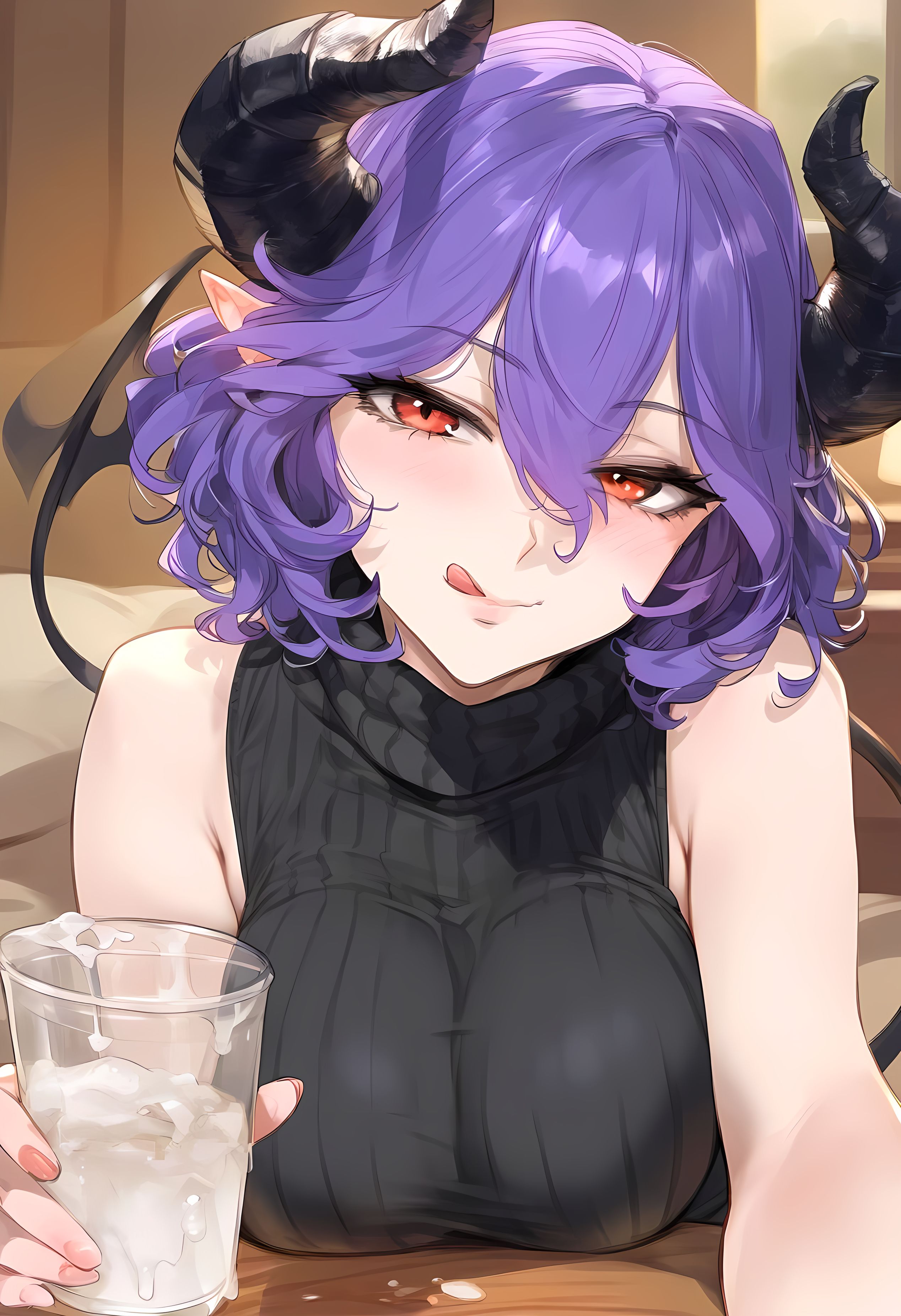 ai generated, axiah, big breasts, black dress, blush, breasts, demon, demon girl, drinking cum, female, glass, horn, kinsou no vermeil, looking at viewer, purple hair, red eyes, smile, vermeil (kinsou no vermeil)