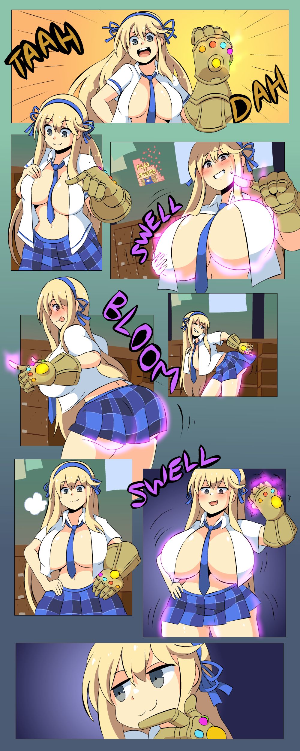 1girls ass ass_expansion big_breasts blonde_female blonde_hair breast_expansion breasts clothed clothed_female clothing colored comic female female_only gauntlet herretik infinity_gauntlet infinity_stone katsuragi_(senran_kagura) long_hair magic senran_kagura skirt tagme tie touching_ass touching_breast