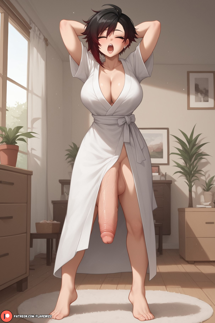 1futa ai_generated arms_behind_head balls bathrobe bedroom big_balls big_breasts big_penis black_hair breasts curvy curvy_figure flarewizz futa_only futanari hips huge_breasts huge_cock intersex light-skinned_futa light-skinned_futanari light_skin open_robe penis penis_out penis_to_the_knees red_highlights robe ruby_rose rwby solo standing stretching thick thick_legs thick_penis veins_on_dick veiny_penis waking_up white_bathrobe white_robe yawn