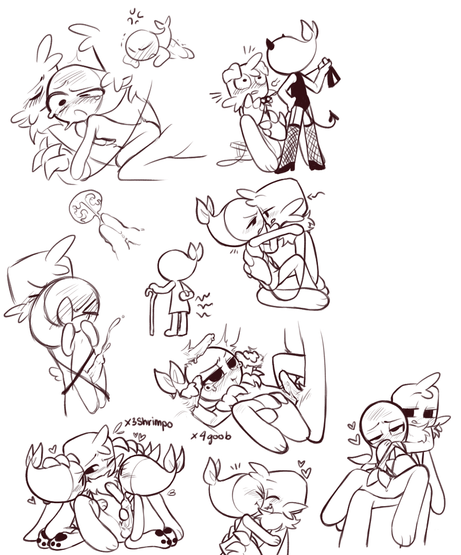 blush, crying, dandy's world, devil horns, devil tail, double penetration, foursome, gay, goob (dandy's world), heart, kumakimura, male, shrimpo (dandy's world), threesome, yaoi