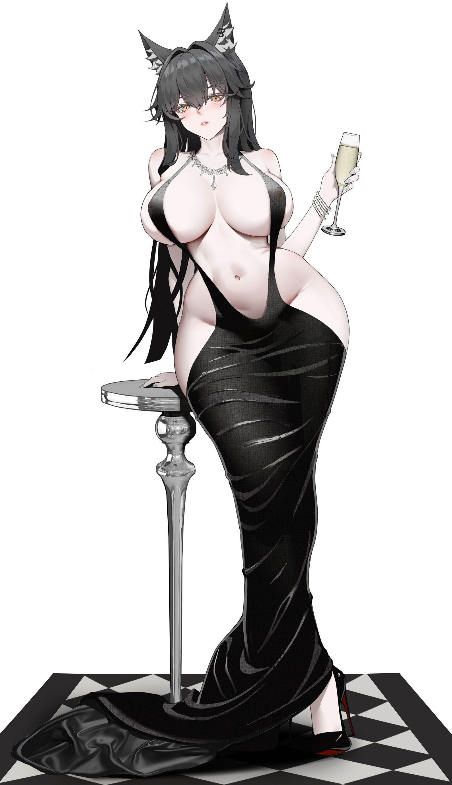 absurdres, alcohol, alternate breast size (larger), alternate costume, animal ears, arknights, bare shoulders, black dress, black hair, breasts, champagne, champagne flute, commentary request, covered erect nipples, cup, dress, drinking glass, evening gown, female, highres, hip cleavage, holding, holding cup, huge breasts, jewelry, long hair, looking at viewer, navel, necklace, plunging neckline, revealing clothes, simple background, solo, stomach, texas (arknights), white background, wolf ears, wolf girl, yat (tsmn7245), yellow eyes