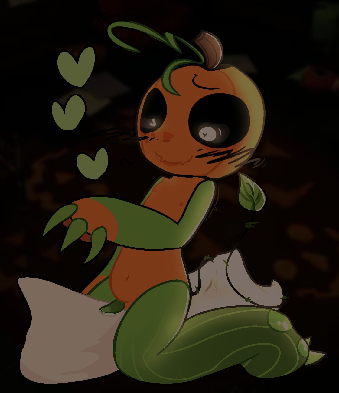 1boy, background, belly button, black eyes, blush, blush lines, claws, cum, cum leaking, cum leaking out of penis, dandys world, deadtoons, flat chest, gourdy (dandy's world), green arms, green claws, green legs, humping, humping pillow, leaf tail, male, male only, mascot horror, nipples, orange body, pawpads, penis, pillow, pumpkin, pumpkin head, sharp claws, small penis, smiling, tail, toe beans, toe claws, white pupils, young, younger male