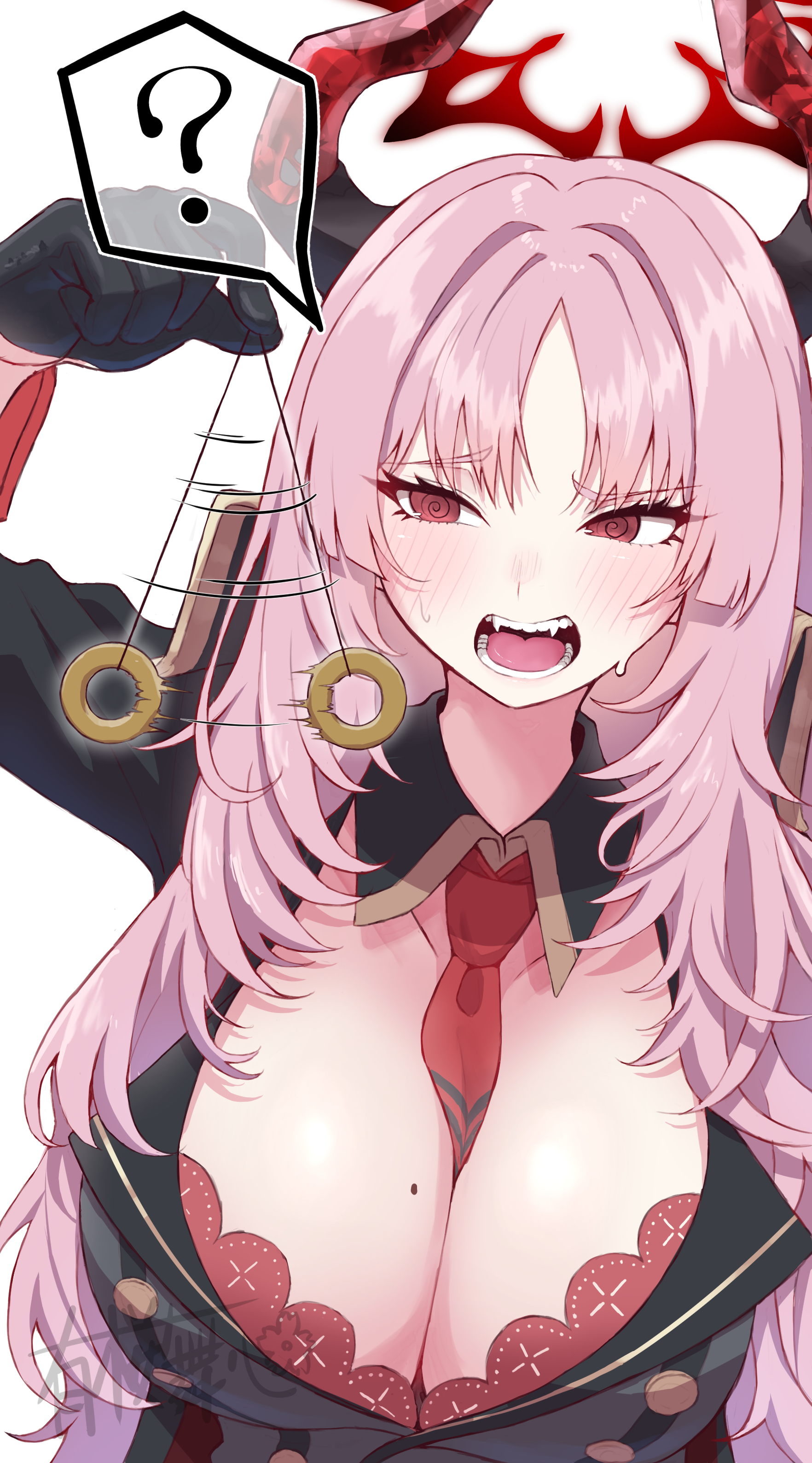 big breasts, blue archive, blush, bra, breasts, cleavage, coin on string, demon, demon girl, female, gehenna academy student, halo, high resolution, huge breasts, hypnosis, hypnotic eyes, large breasts, long hair, military uniform, mole on breast, open mouth, panic, panicked look, pink hair, satsuki (blue archive), sharp teeth, signature, tagme, take-run-atelier, tie, tie between breasts, tits bigger than head, video game character