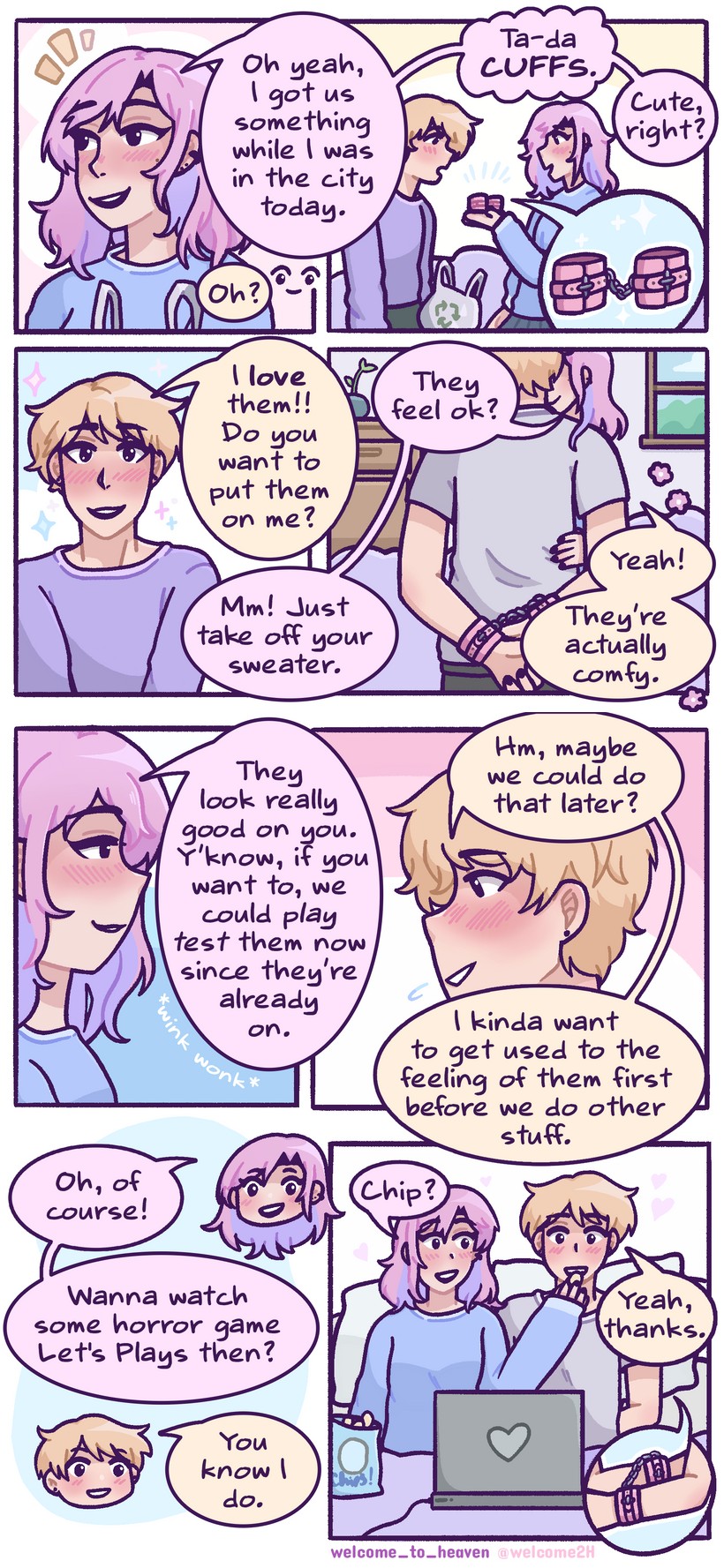 1boy1girl, arms behind back, beauty mark, bedroom eyes, blonde hair, chips (food), cuffs, ear piercing, flirting, handcuffs, heart, hearts around head, laptop, mole, nervous, pink hair, purple hair, romantic couple, sexually suggestive, shy, sparkles, sweater, two-tone hair, welcome to heaven, wholesome