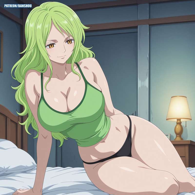 1girls, ai generated, banshou, big breasts, breasts, clothing, female, female only, green hair, green-haired female, monet (one piece), navel, one piece