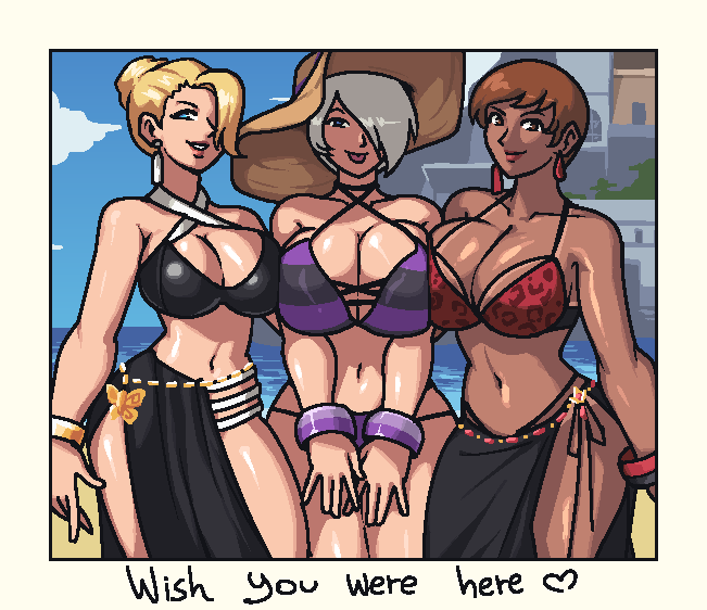 3girls, angel (kof), beach, big breasts, bikini, blonde hair, blue eyes, breasts, breasts to breasts, brown eyes, brown hair, busty, busty female, clothed, clothing, dark skin, dark-skinned female, dress, english text, female, huge breasts, king of fighters, light skin, light-skinned female, long hair, looking at viewer, mature (kof), outdoors, outside, pale skin, panties, postcard, public, royalmilk20, sfw, short hair, skirt, snk, tan, tan skin, thick, thick thighs, thickness, thighs, tongue, vexwarlock, vice (kof), water