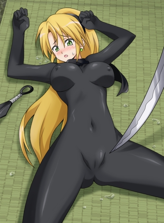 1girls arms_up artist_request blonde_hair blush bodysuit cameltoe earrings female female_focus female_only green_eyes imminent_rape jpg knife kunoichi_(live_a_live) large_breasts latex latex_clothing latex_suit live_a_live lying ninja ponytail skin_tight solo sweat sword tied_hair