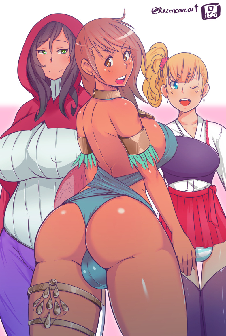 3futas, black hair, blonde hair, blue eyes, brown eyes, brown hair, clothed, dark skin, dark-skinned futa, futa only, futanari, gaikiken, green eyes, halterneck, intersex, long hair, ponytail, revealing clothes, side ponytail, skirt