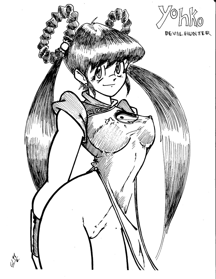 1990s 1998 1girls 20th_century breasts chinese_clothes cowboy_shot curvaceous devil_hunter_yohko dress erection_under_clothes female grey_phantom hair_rings human large_breasts line_art long_hair looking_at_viewer monochrome no_panties pussy side_slit solo tagme thick_thighs wide_hips yin_yang yohko_mano