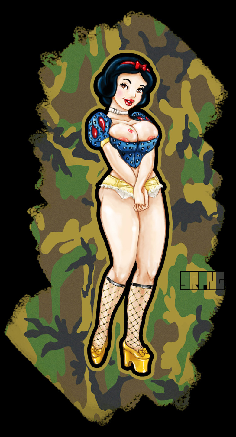 big_breasts bimbo black_hair brown_eyes disney disney_princess exposed_nipples female female_only fishnet_stockings hands_clasped high_heels hourglass_figure kneehighs princess red_lipstick royalty short_shorts skimpy skimpy_clothes snow_white_(disney) snow_white_and_the_seven_dwarfs srpng tattoo