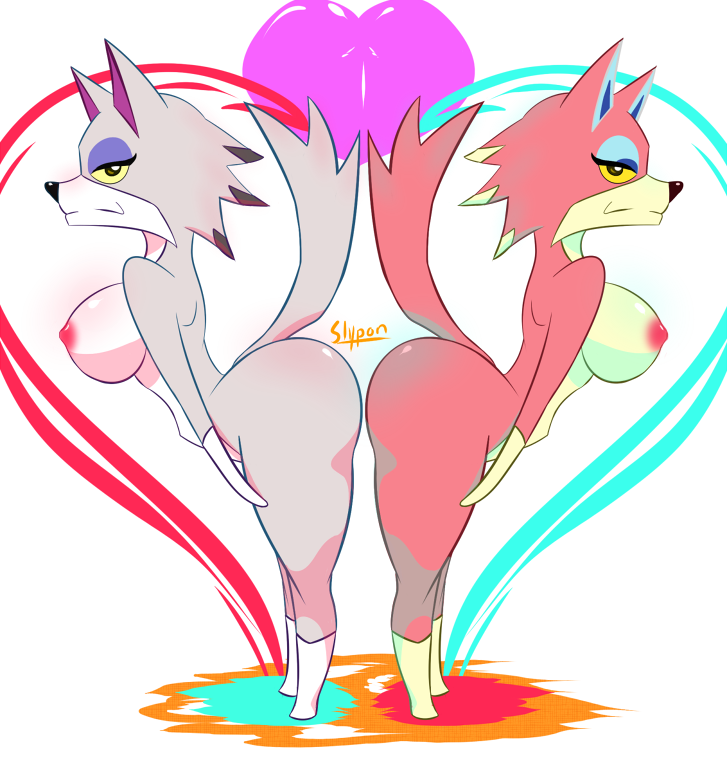 animal_crossing anthro ass breasts color cuntboy cuntboy_with_breasts exposed_breasts fang_(animal_crossing) female freya_(animal_crossing) fur furry furry_ass furry_breasts intersex multiple_females nintendo rule_63 side_view slypon wolf