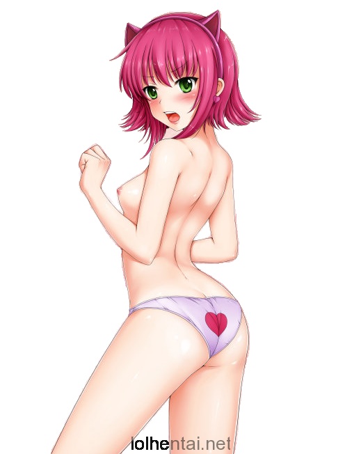 animal ears, annie hastur, ass, breasts, female, green eyes, heart, heart panties, league of legends, looking at viewer, nude, pink hair, red hair, topless, white panties