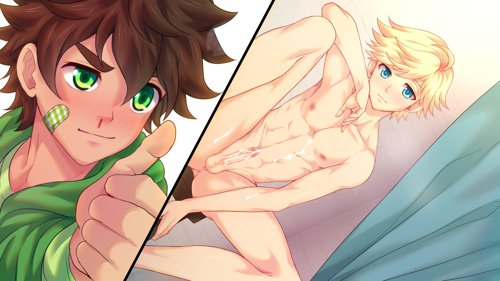 2boys, ass, brush, camp buddy, cum, embarrassed, femboy, gay, hunter springfield, keitaro nagame, male, male only, mikkoukun, nosebleed, penis, thumbs up, yaoi