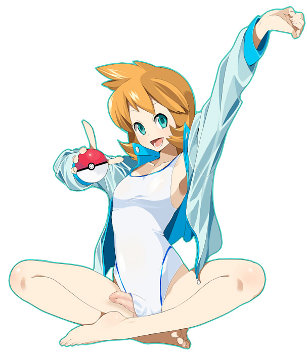 1boy agemono clothing color crossed_legs femboy foreskin front_view futa futa_only futanari ginger green_eyes human human_only index_finger_raised kasumi_(pokemon) male male_only nintendo one-piece_swimsuit penis poke_ball pokemon rule_63 small_penis solo stretching swimsuit trap uncut white_background yaoi