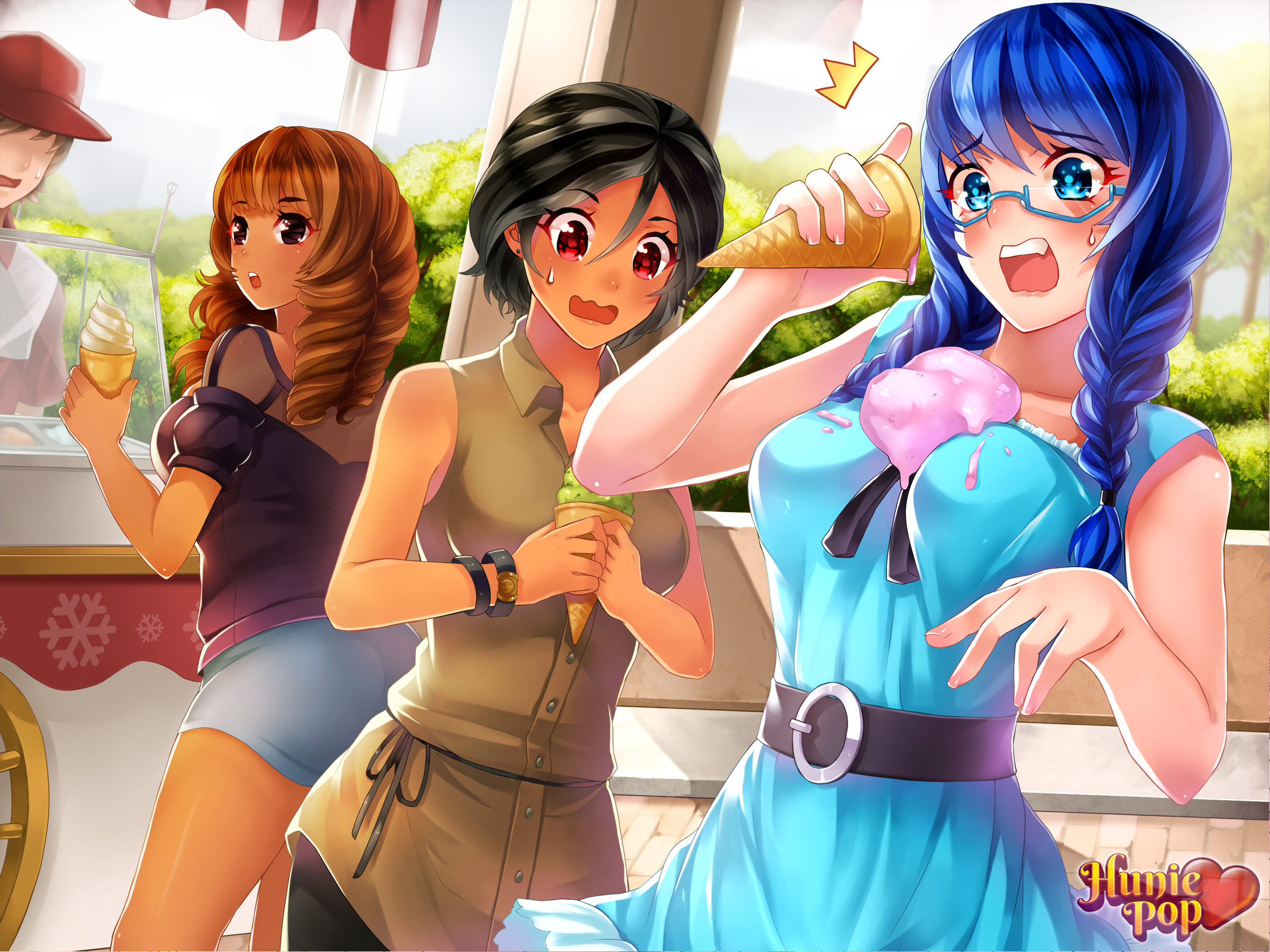 accurate art style, beli lapran, black hair, blue eyes, blue hair, dark skin, female, huniepop, ice cream, lola rembrite, nikki ann-marie, red eyes