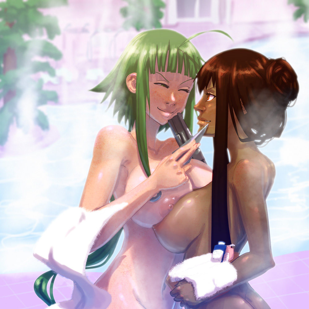 breasts brown_hair dark-skinned_female green_hair large_breasts mahou_sensei_negima! nagase_kaede nipples red_eyes soumakyo tagme tatsumiya_mana towel yuri