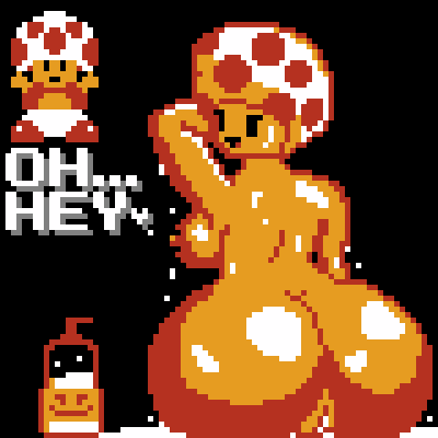 2d armpits ass ass_focus big_breasts black_background head_turned kitsunemayson lube_bottle mario_(series) nipples nude_female oiled pixel_art retro_artstyle super_mario_bros._(nes) toad_(mario)