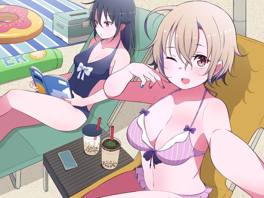 2girls beach bikini boba_tea lying_down one-piece_swimsuit short_hair smiling tagme tukigi246