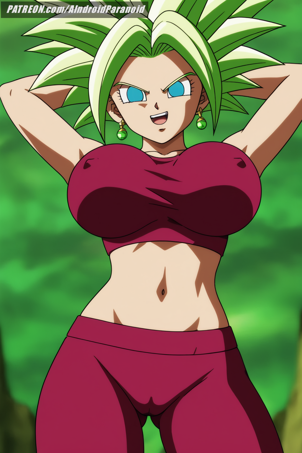 ai_generated aindroidparanoid big_breasts blue_eyes breasts cameltoe cleavage close_up covered_nipples dragon_ball dragon_ball_super erect_nipples female female_only fight fit_female flirting from_below green_hair hips huge_breasts kefla kefla_(dragon_ball) large_breasts midriff narrow_waist navel outdoors pussy slim_waist space stable_diffusion super_saiyan warrior