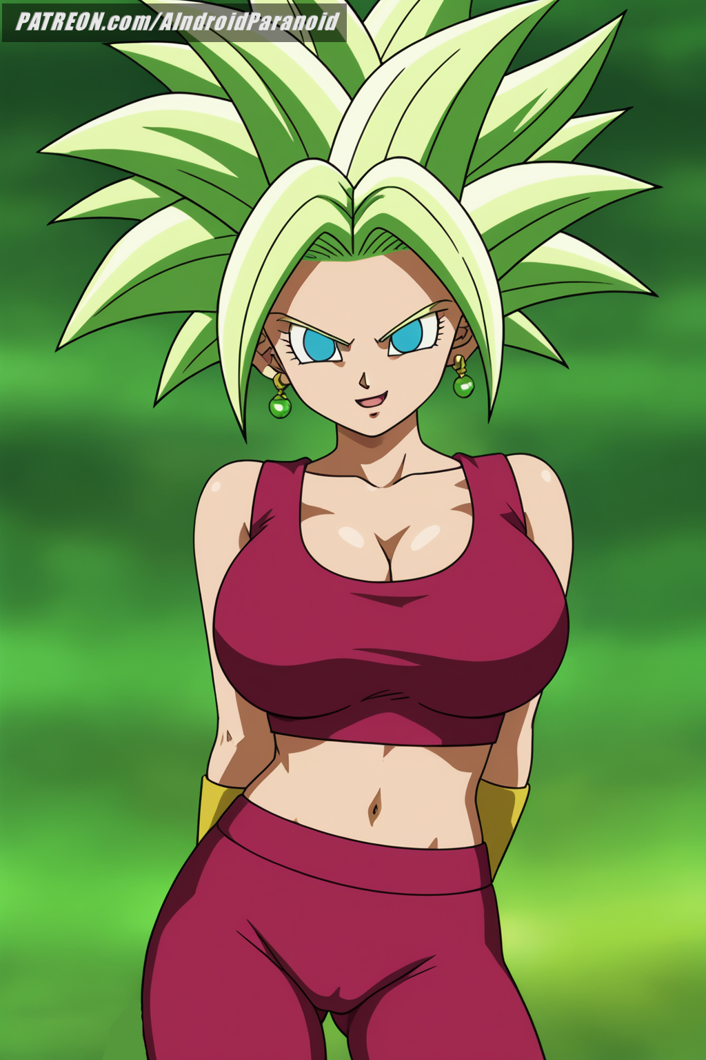 ai_generated aindroidparanoid big_breasts blue_eyes breasts cameltoe cleavage dragon_ball dragon_ball_super female female_only fight fit_female green_hair hips huge_breasts kefla kefla_(dragon_ball) large_breasts midriff narrow_waist navel outdoors pussy slim_waist space stable_diffusion standing super_saiyan warrior