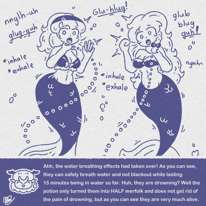 2girls air_bubbles alice_margatroid asphyxiation bare_shoulders chained drowning english_text hand_on_own_neck koakuma long_hair marisa_kirisame medium_breasts mermaid_tail monochrome motion_lines navel open_mouth original soaked_lemon strapless_top tearing_up trembling twitching underwater